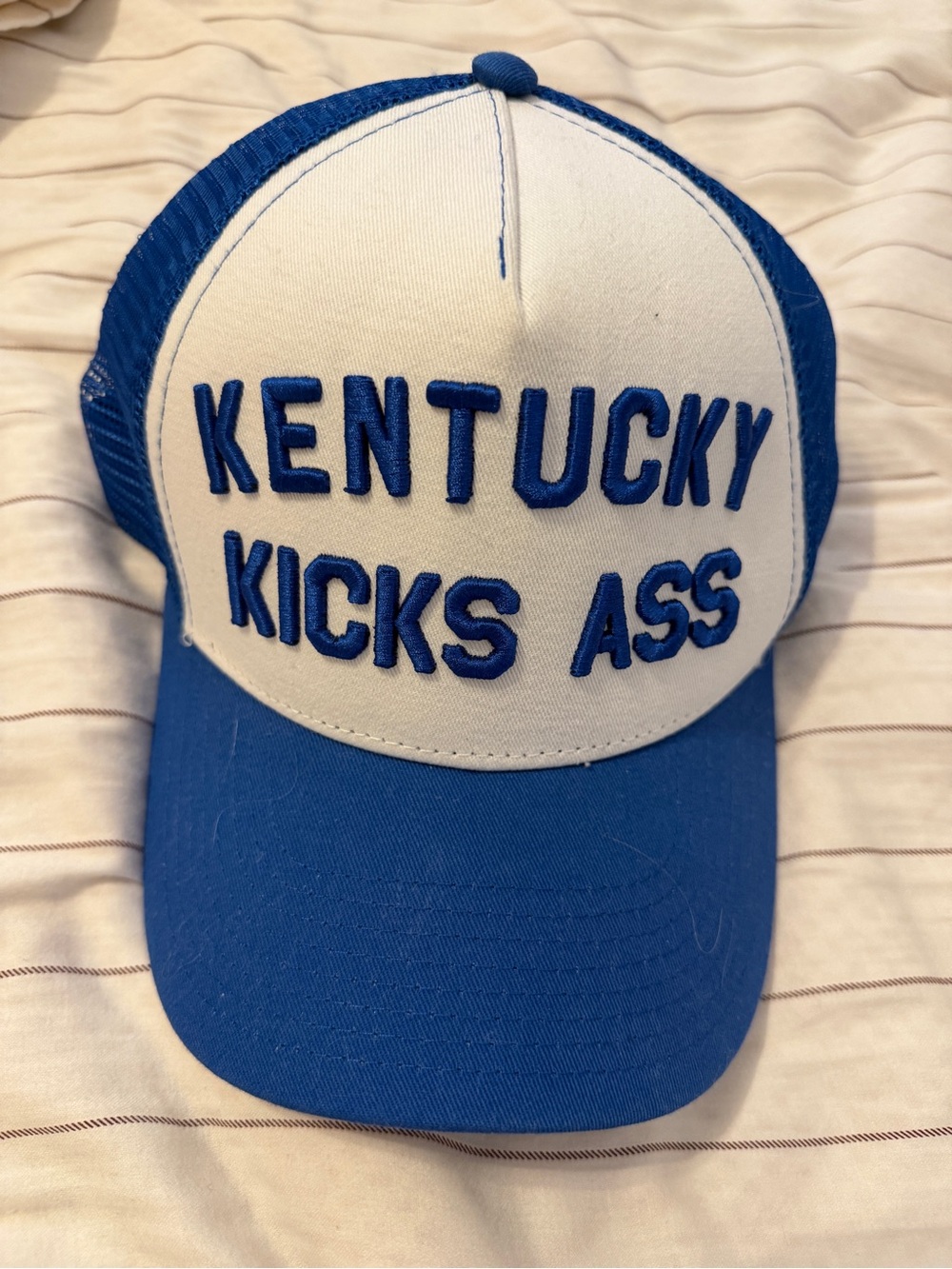 Blue & White 'Kentucky Kicks Ass' Embroidered Trucker Hat